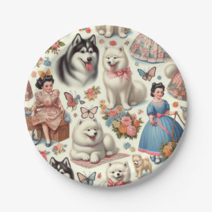 Retro Cute American Eskimo Seamless Paper Plate