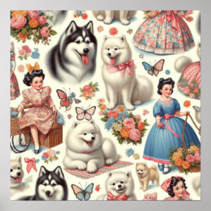 Retro Cute American Eskimo Seamless Poster