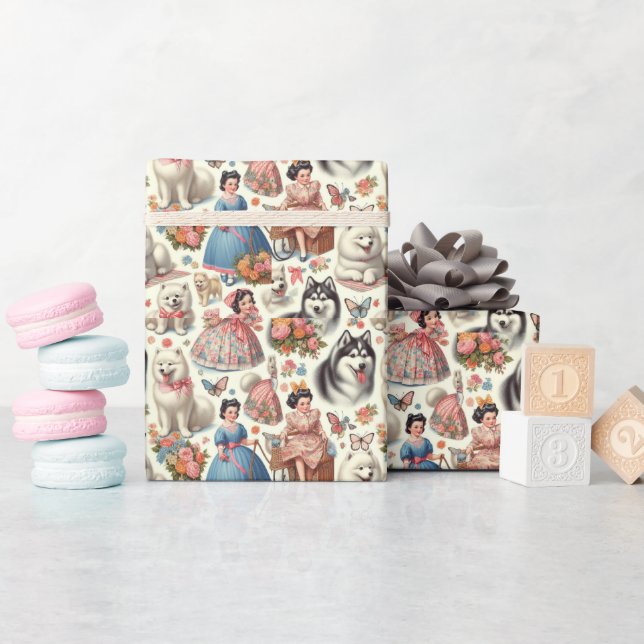 Retro Cute American Eskimo Seamless Wrapping Paper (Baby Shower)