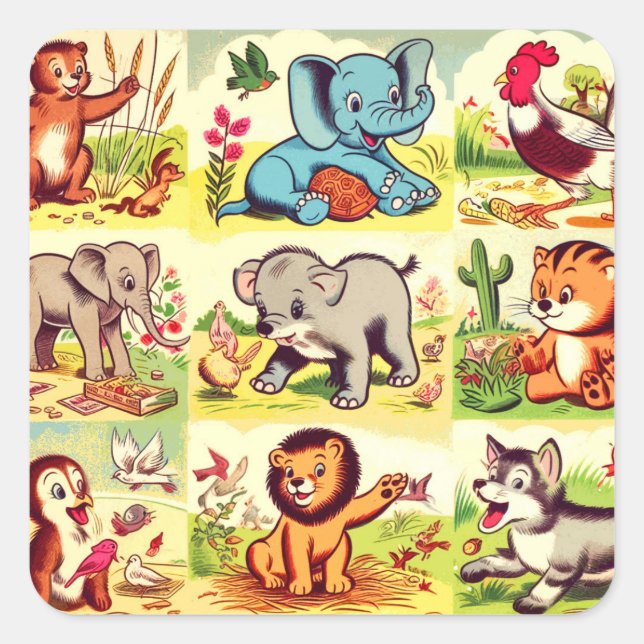 Retro Cute Animals Comics Square Sticker (Front)