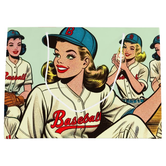 Retro Cute Baseball Girls Comics Large Gift Bag (Front)