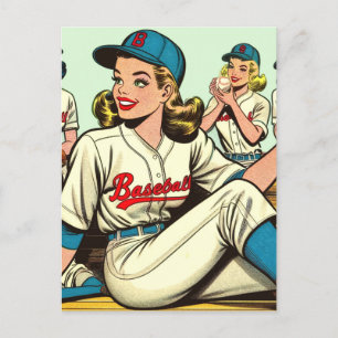 Retro Cute Baseball Girls Comics Postcard