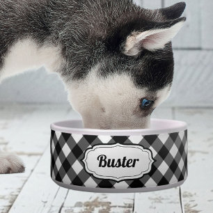 Retro Cute Black & White Gingham Check pet bowl