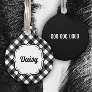 Retro Cute Black & White Gingham Check Pet ID Tag