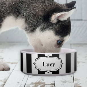 Retro Cute Black & White Stripe Ceramic Pet Bowl