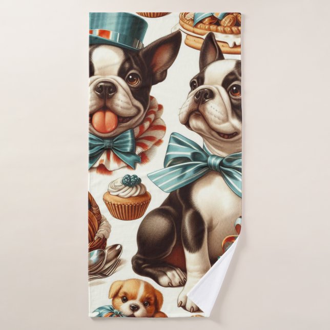 Retro Cute Boston Terrier Illustration Bath Towel (Bath Towel)