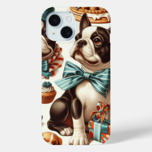 Retro Cute Boston Terrier Illustration iPhone 15 Case