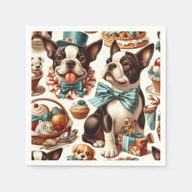 Retro Cute Boston Terrier Illustration Napkin (Front)