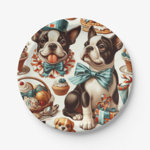 Retro Cute Boston Terrier Illustration Paper Plate