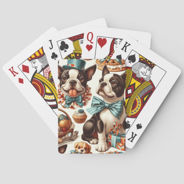 Retro Cute Boston Terrier Illustration Playing Cards (Back)