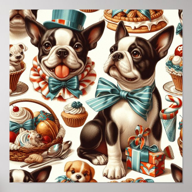Retro Cute Boston Terrier Illustration Poster (Front)