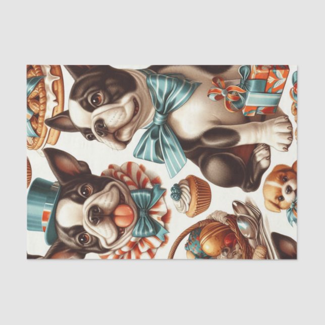 Retro Cute Boston Terrier Illustration Tissue Paper (Front)