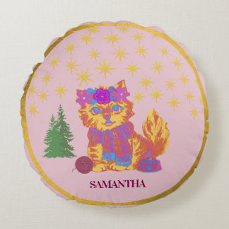 Retro Cute Cat Christmas Round Cushion