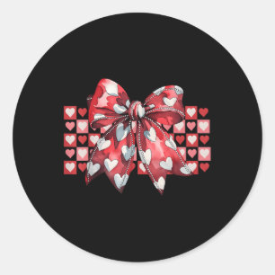 Retro Cute Chequered Heart Coquette Red Bow Valent Classic Round Sticker