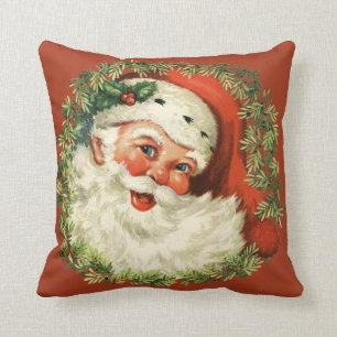 Retro Cute Chubby Santa Wreath Holiday Christmas Cushion
