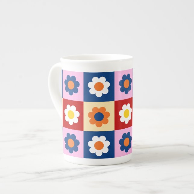 Retro Cute colourful Flowers Pattern  Bone China Mug (Front Left)