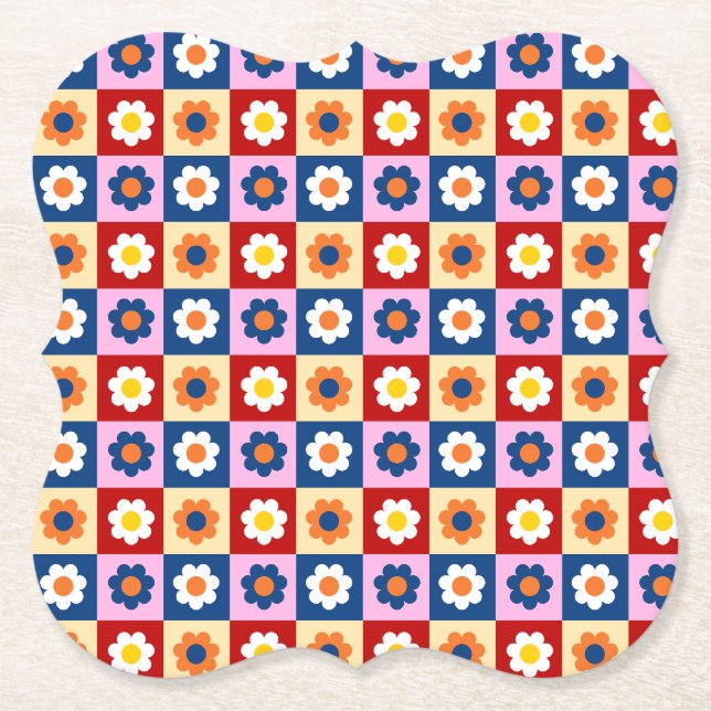 Retro Cute colourful Flowers Pattern  Paper Coaster (Front)