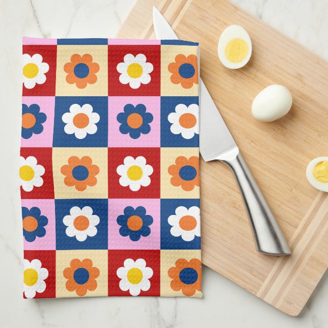 Retro Cute colourful Flowers Pattern  Tea Towel (Quarter Fold)