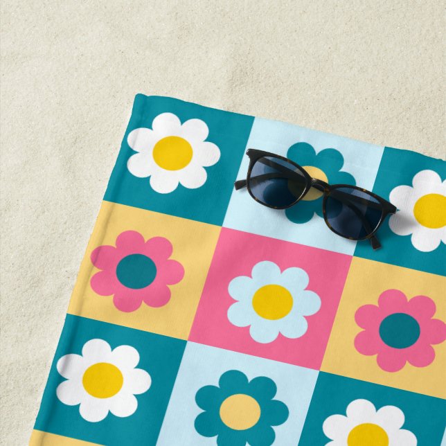 Retro Cute colourful Pastel Flowers Pattern  Beach Towel (In Situ)