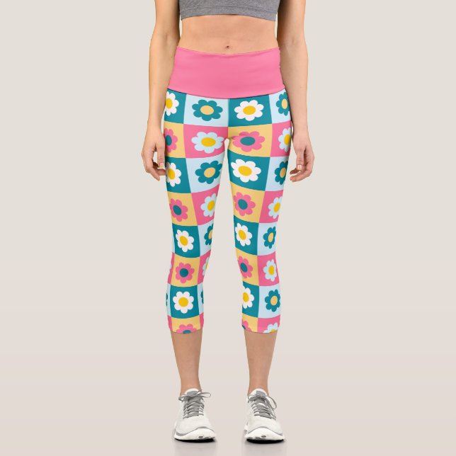 Retro Cute colourful Pastel Flowers Pattern  Capri Leggings (Front)