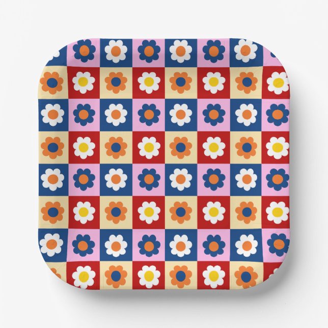 Retro Cute colourful Pastel Flowers Pattern  Paper Plate (Front)