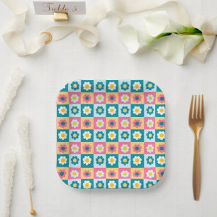 Retro Cute colourful Pastel Flowers Pattern Paper Plate