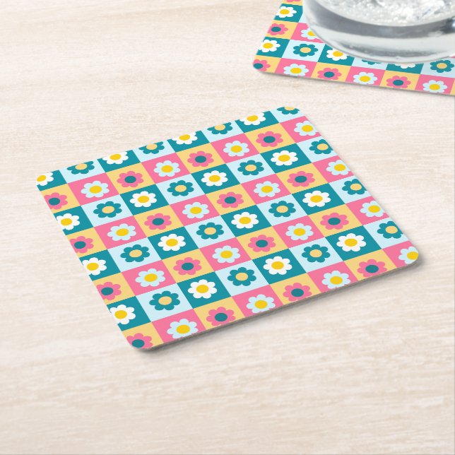 Retro Cute colourful Pastel Flowers Pattern  Square Paper Coaster (Angled)