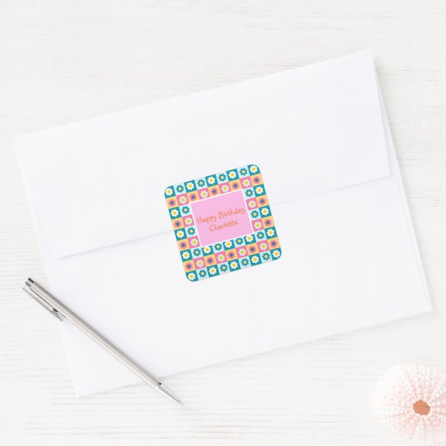 Retro Cute colourful Pastel Flowers Pattern  Square Sticker (Envelope)