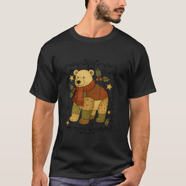 Retro Cute Coquette Polar Bear Patchwork Christmas T-Shirt (Front)