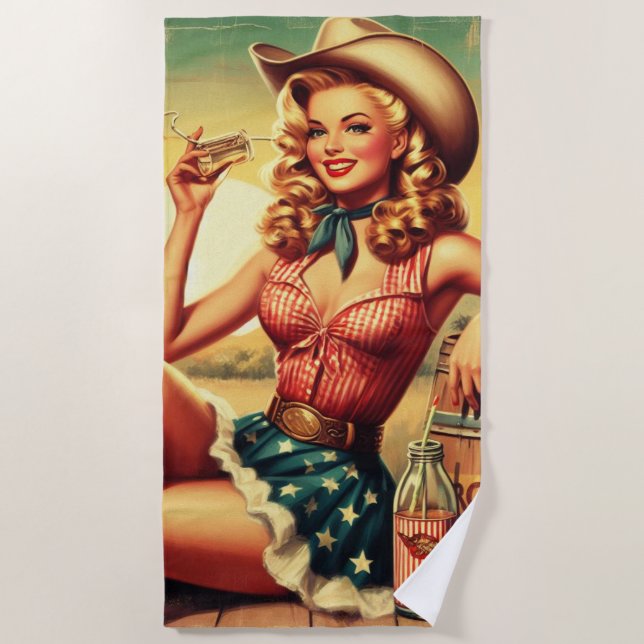 Retro Cute Cowgirl Beach Towel (Front)