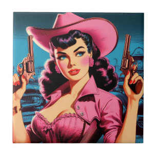 Retro Cute Cowgirl Ceramic Tile