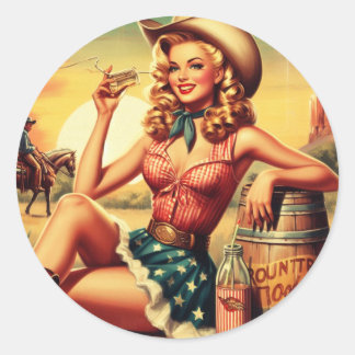 Retro Cute Cowgirl Classic Round Sticker
