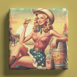 Retro Cute Cowgirl Stone Coaster