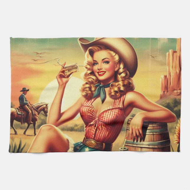 Retro Cute Cowgirl Tea Towel (Horizontal)