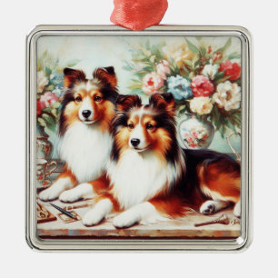 Retro Cute Dogs Oil Painting Metal Ornament