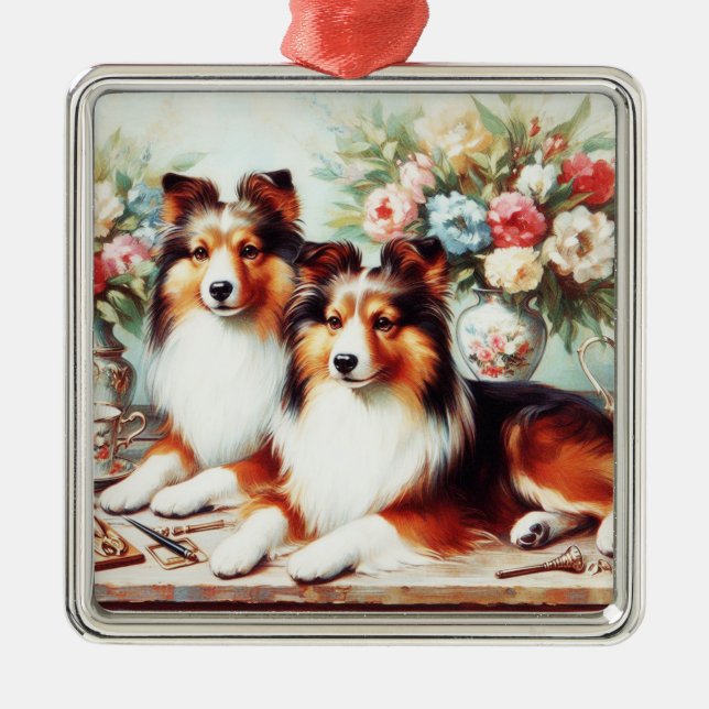 Retro Cute Dogs Oil Painting Metal Ornament (Front)