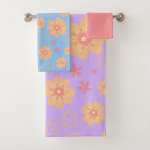 Retro Cute Floral and Pretty Plain Pink Bath Towel Set