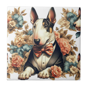 Retro Cute Floral Bull Terrier Ceramic Tile