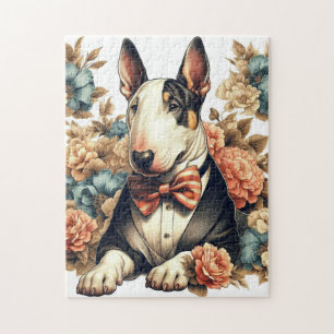 Retro Cute Floral Bull Terrier Jigsaw Puzzle