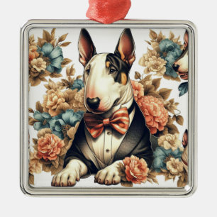 Retro Cute Floral Bull Terrier Metal Ornament