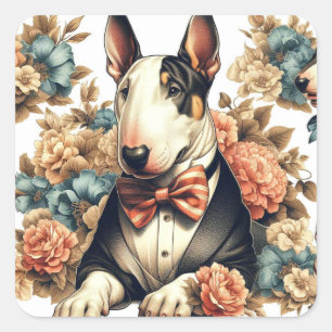 Retro Cute Floral Bull Terrier Square Sticker