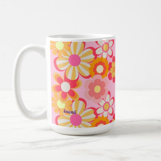 Retro Cute Flower Design Pink Coffee Mug (Left)