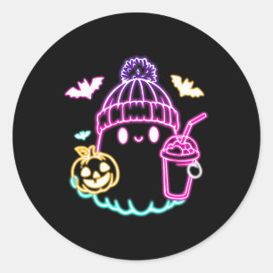 Retro Cute Ghost Coffee Drinking Spooky Halloween Classic Round Sticker
