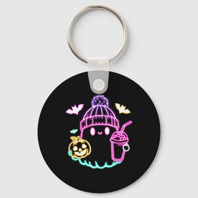 Retro Cute Ghost Coffee Drinking Spooky Halloween  Key Ring (Front)