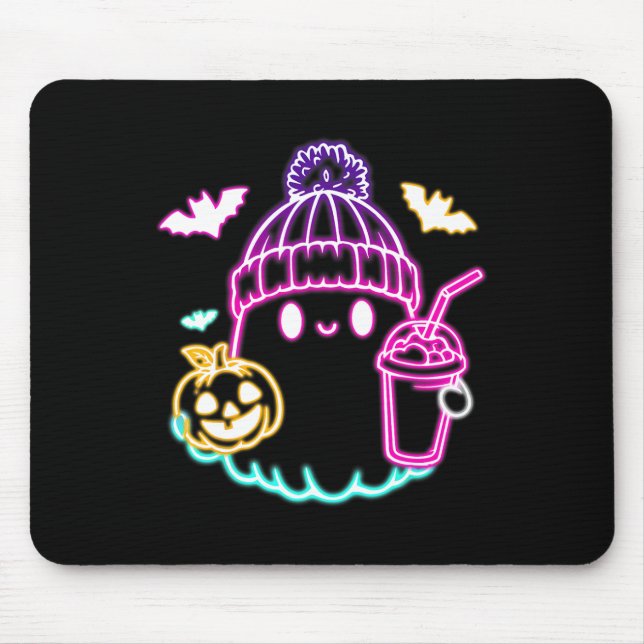 Retro Cute Ghost Coffee Drinking Spooky Halloween  Mouse Pad (Front)