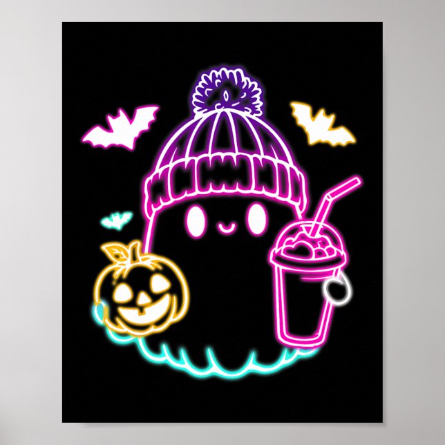 Retro Cute Ghost Coffee Drinking Spooky Halloween  Poster (Front)