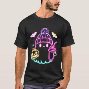 Retro Cute Ghost Coffee Drinking Spooky Halloween T-Shirt