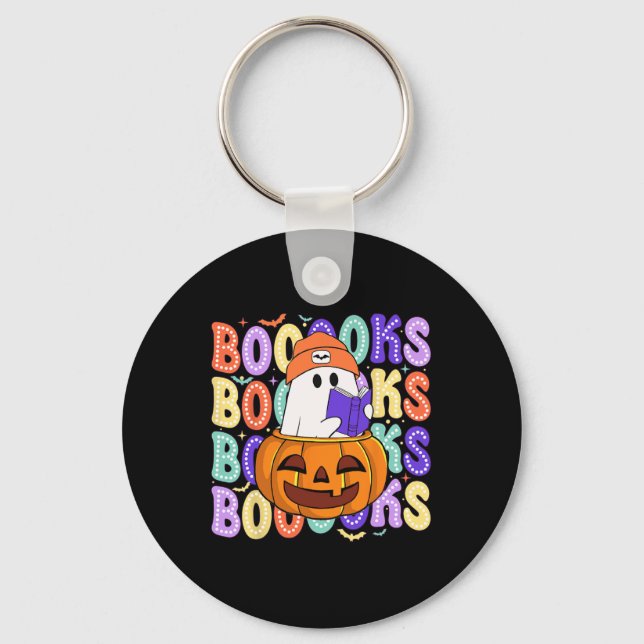 Retro Cute Ghost Teacher Halloween Librarian Read  Key Ring (Front)