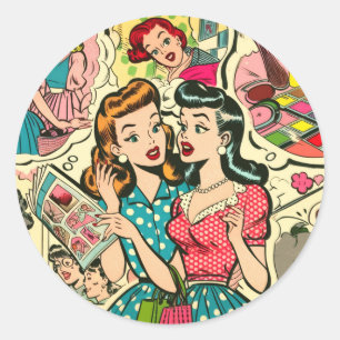 Retro Cute Girly Comics Classic Round Sticker