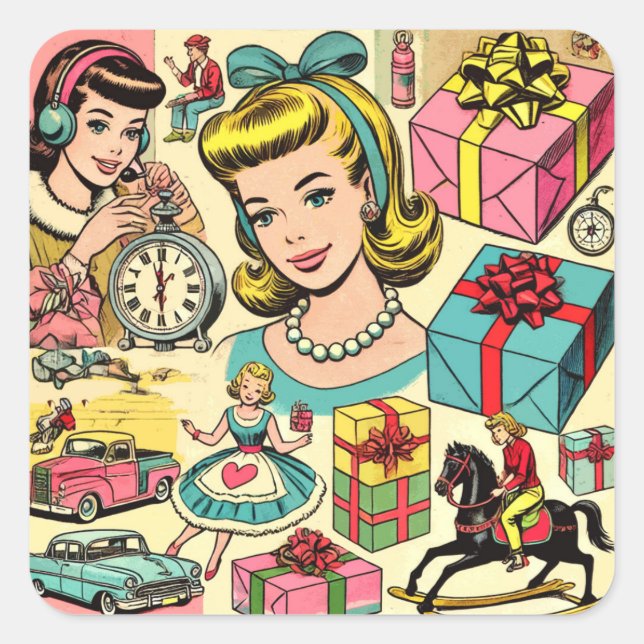 Retro Cute Girly Comics Square Sticker (Front)